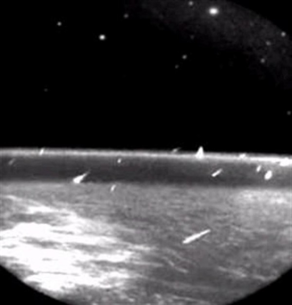 Image credit: NASA / public domain, of the Leonid meteor shower (1997) as seen from space.