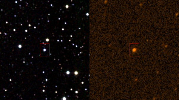Image credit: Infrared: IPAC/NASA (2MASS), at left; Ultraviolet: STScI (GALEX), at right.