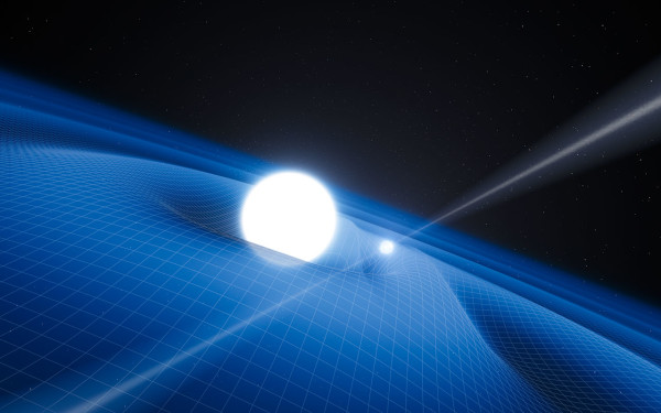 Image credit: ESO/L. Calçada, of a pulsar orbiting a binary companion and the gravitational waves (or ripples) in spacetime that ensue as a result.