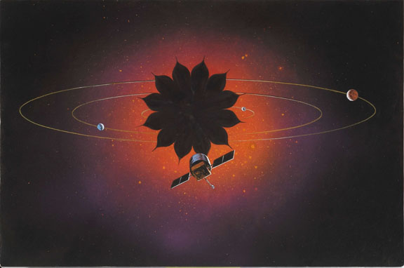 Image credit: NASA and Northrop Grumman, of a telescope using a star shade.