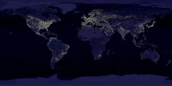 Artificial lights strongly overlap with the concentrations of Earth’s population, showing the locations of light pollution. Image credit: Data courtesy Marc Imhoff of NASA GSFC and Christopher Elvidge of NOAA NGDC. Image by Craig Mayhew and Robert Simmon, NASA GSFC