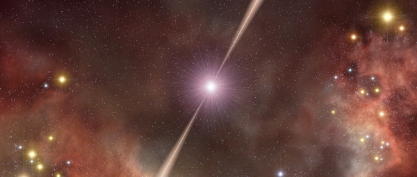 Illustration of a fast gamma-ray burst, previously only thought to occur from the merger of neutron stars. Image credit: ESO.
