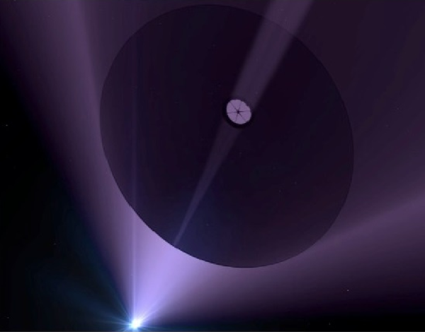 Artistic rendition of a laser-driven sail. Image credit: Adrian Mann, via http://www.deepspace.ucsb.edu/projects/directed-energy-interstellar-precursors.