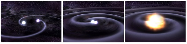 An artist’s impression of two stars orbiting each other and progressing (from left to right) to merger with resulting gravitational waves. This is the suspected origin of short-period gamma ray bursts. Image credit: NASA/CXC/GSFC/T.Strohmayer.