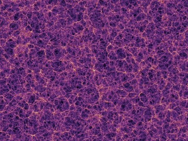 Image credit: The Millenium Simulation, V. Springel et al., of the cosmic web of dark matter and the large-scale structure it forms.