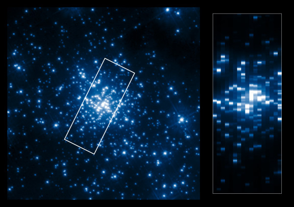 An ultraviolet image and a spectrographic pseudo-image of the hottest, bluest stars at the core of R136. Nine stars over 100 solar masses and dozens over 50 are identified through these measurements. Image credit: ESA/Hubble, NASA, K.A. Bostroem (STScI/UC Davis).