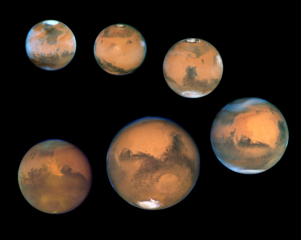 Varying views of Mars near opposition over the course of many years, from 1995-2005. Image credit: NASA/Hubble Heritage team, via https://www.flickr.com/photos/hubble-heritage/3195427662.