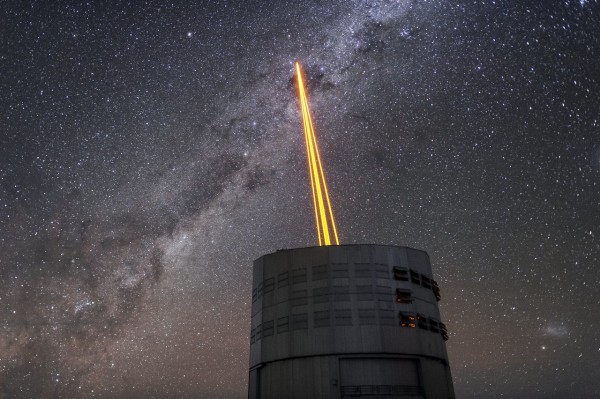 The four beams emerging from the new laser system on Unit Telescope 4 of the VLT. Image credit: ESO/F. Kamphues.