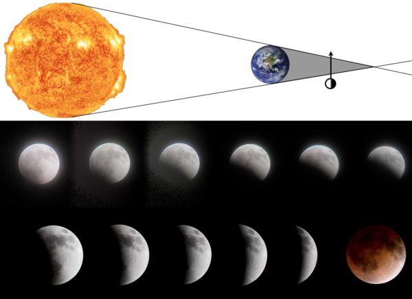 During the partial phases of a lunar eclipse, the shadow of Earth can be seen on the surface of the Moon, indicating quite clearly that it casts a roughly circular shape. Image credit: E. Siegel, with eclipse sequences by Wikimedia Commons users Zaereth and Javier Sánchez.