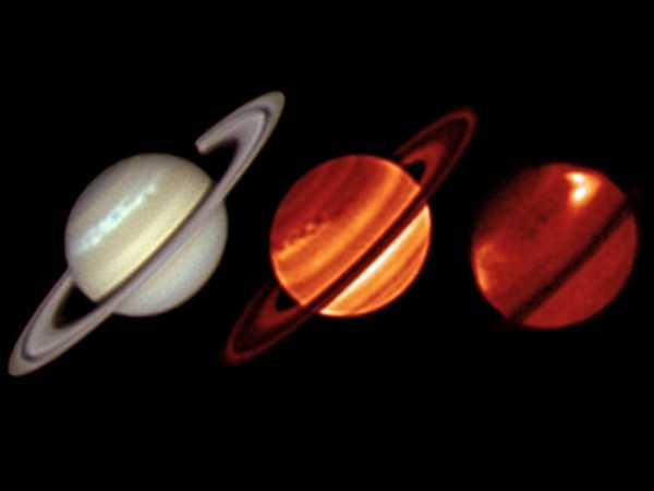 Image credit: ESO/Univ. of Oxford/T. Barry, of Saturn’s 2011 storm in visible and various infrared wavelengths.