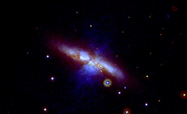 A Type Ia supernova in the nearby galaxy M82. This one is fundamentally different from the one atop this page, observed in 2011 in M101. Image credit: NASA/Swift/P. Brown, TAMU.