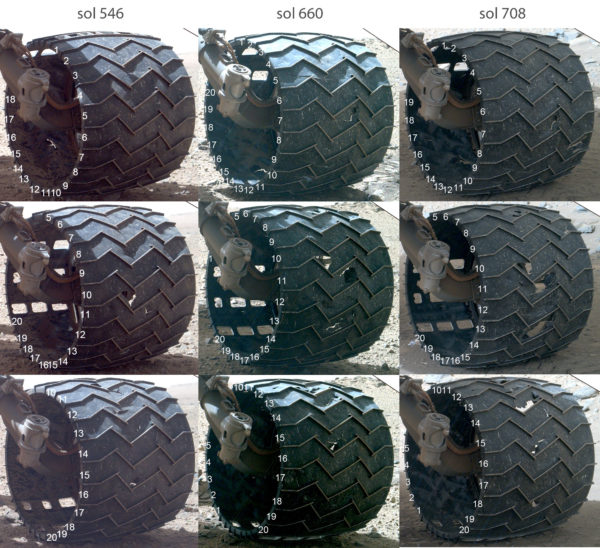 Damage to Curiosity’s left-middle wheel, sols 546, 660, and 708. Image credit: NASA / JPL / MAHLI / Emily Lakdawalla.