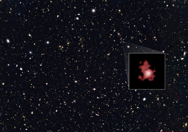 The GOODS-N field, with galaxy GN-z11 highlighted: the presently most-distant galaxy ever discovered. Image credit: NASA, ESA, P. Oesch (Yale University), G. Brammer (STScI), P. van Dokkum (Yale University), and G. Illingworth (University of California, Santa Cruz).