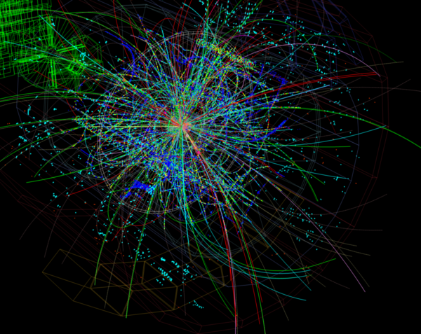 The particle tracks emanating from a high energy collision at the LHC in 2014. Image credit: Wikimedia Commons user Pcharito, under a c.c.a.-by-s.a.-3.0 license.