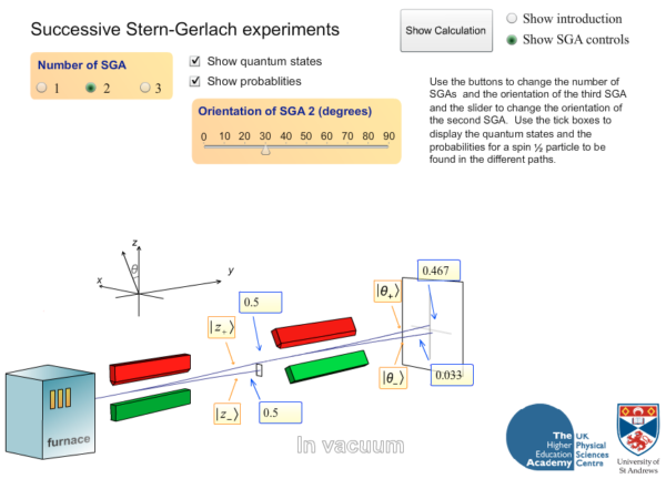 Screenshot from the University of St. Andrews, of two successive Stern-Gerlach experiments. Image credit: http://www.st-andrews.ac.uk/physics/quvis/simulations_phys/ph42_Stern_Gerlach_Experiments.html.