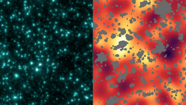 Left: An infrared view of the sky in Ursa Major. Right: an enhanced view with known sources masked, showing fluctuations of the infrared background. Credits: NASA/JPL-Caltech/A. Kashlinsky (Goddard).