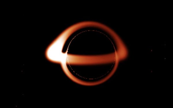 Predicted appearance of black hole with toroidal ring of ionised matter. Anything crossing the black hole’s event horizon will never be visible again. Image credit: public domain work by Brandon Defrise Carter (presumed).