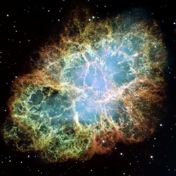 Mosaic of the Crab Nebula, with different colors highlighting different elements. Image credit: NASA, ESA, J. Hester and A. Loll (Arizona State University).