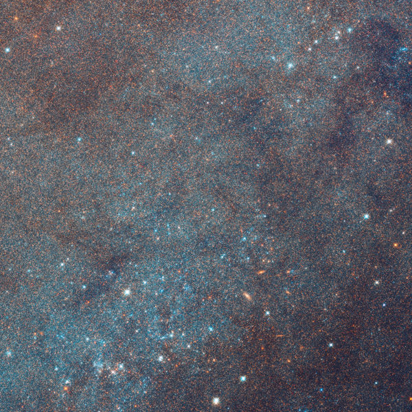 Closeup of a large region of the Andromeda galaxy's disk, containing hundreds of open star clusters (identifiable as bright blue sparkles). Image credit: NASA, ESA, J. Dalcanton, B.F. Williams, L.C. Johnson (University of Washington), the PHAT team, and R. Gendler.