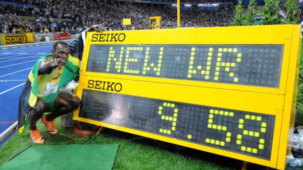 Usain Bolt with his official world record time in 2009. Image credit: American Foreign Press.