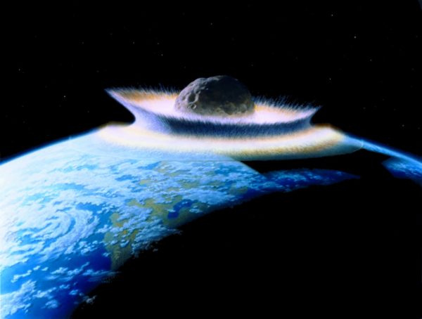 A planetoid colliding with Earth, analogous (but larger and slower-moving) than an impact between Swift-Tuttle and Earth would be. Image credit: NASA / Don Davis.