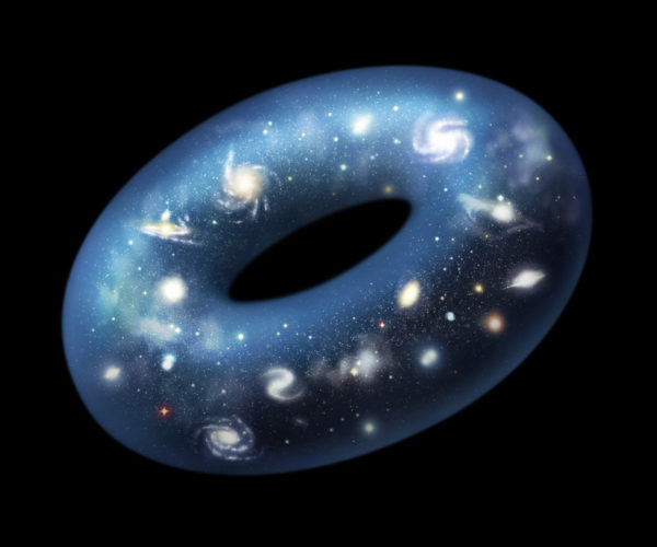 In a hypertorus model of the Universe, motion in a straight line will return you to your original location. Image credit: ESO and deviantART user InTheStarlightGarden, under a c.c.-by-s.a. 4.0 license.