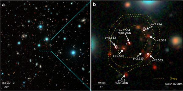 An optical/infrared image of the center of CL J1001, from ESO’s UltraVISTA survey. The right panel shows a close-up view with the redshifts of galaxies labeled, and two galaxies containing actively growing black holes labeled as “AGN”. Image credit: Tao Wang.