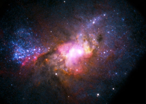 The starburst galaxy Henize 2-10, located 30 million light years away. Image credit: X-ray (NASA/CXC/Virginia/A.Reines et al); Radio (NRAO/AUI/NSF); Optical (NASA/STScI).