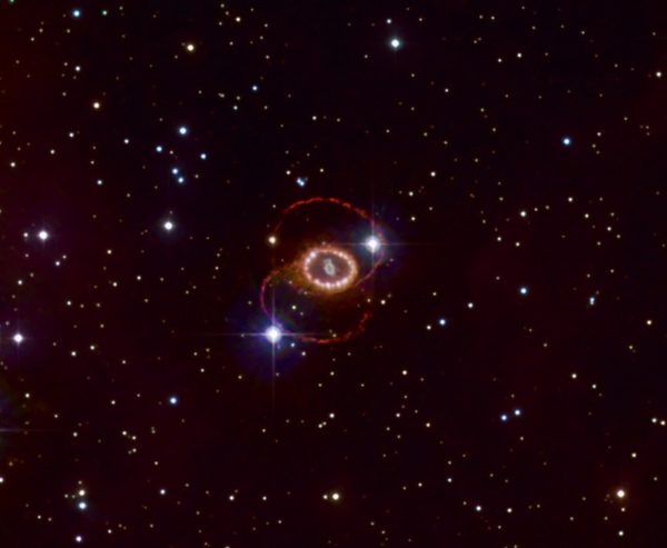 The remnant of supernova 1987a, located in the Large Magellanic Cloud some 165,000 light years away. Image credit: Noel Carboni & the ESA/ESO/NASA Photoshop FITS Liberator.
