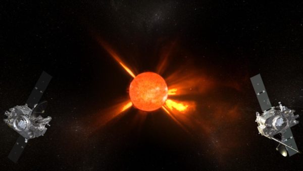 Conceptual drawing of NASA’s twin STEREO spacecraft monitoring the Sun. Image credit: NASA.