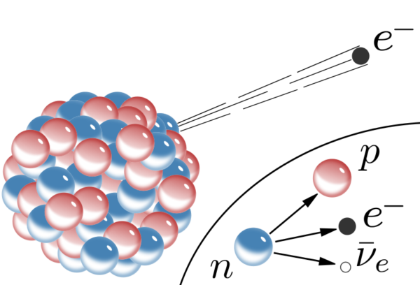 Beta decay resulting from a neutron transforming into an electron, proton, and anti-electron neutrino. Image credit: Wikimedia commons user Inductiveload.