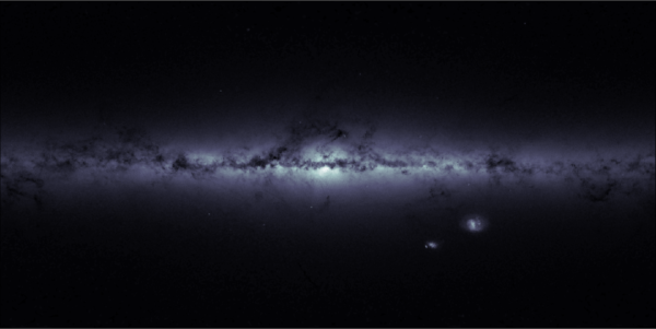 A map of star density in the Milky Way and surrounding sky, clearly showing the Milky Way, large and small Magellanic Clouds, and if you look more closely, NGC 104 to the left of the SMC, NGC 6205 slightly above and to the left of the galactic core, and NGC 7078 slightly below. Image credit: ESA/GAIA.