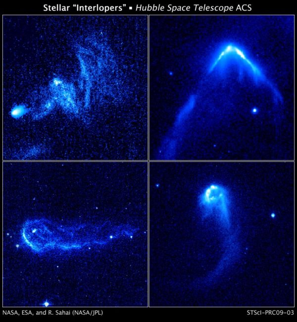 Four runaway stars plowing through regions of dense interstellar gas and creating bright bow waves and trailing tails of glowing gas. Image credit: NASA, ESA and R. Sahai (NASA/JPL), taken with Hubble's Advanced Camera for Surveys.