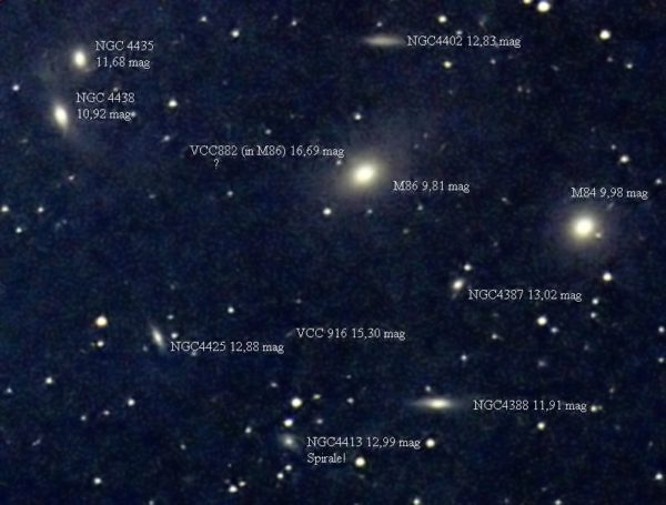 Photo of the Center of the Virgo Cluster of Galaxies with names and magnitudes. Image credit: Bernd Gährken.