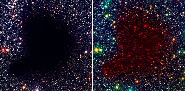 Visible (left) and infrared (right) views of the dust-rich Bok globule, Barnard 68. The infrared light is not blocked, as the dust grains are too small to interact with the long-wavelength light. Images credit: ESO.