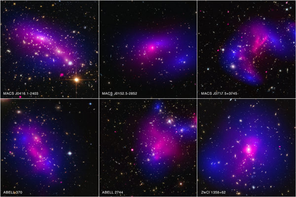 The X-ray (pink) and overall matter (blue) maps of various colliding galaxy clusters show a clear separation between normal matter and dark matter. Image credit: X-ray: NASA/CXC/Ecole Polytechnique Federale de Lausanne, Switzerland/D.Harvey & NASA/CXC/Durham Univ/R.Massey; Optical & Lensing Map: NASA, ESA, D. Harvey (Ecole Polytechnique Federale de Lausanne, Switzerland) and R. Massey (Durham University, UK).