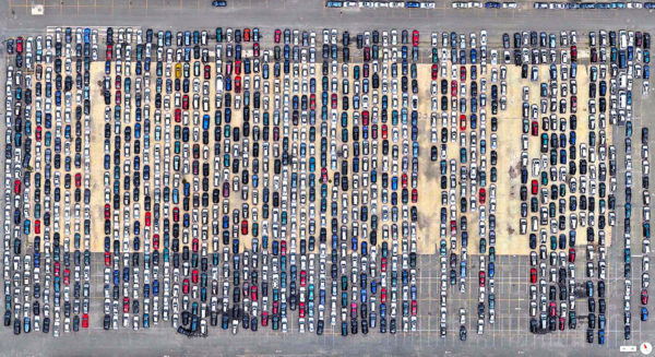 The Port Newark-Elizabeth Marine Terminal, easily showing detail on cars, from satellite imagery. Image credit: NASA.
