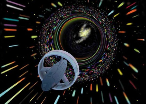 An artist's conception of a starship making use of the Alcubierre drive to travel at apparently faster-than-light speeds. Image credit: NASA.