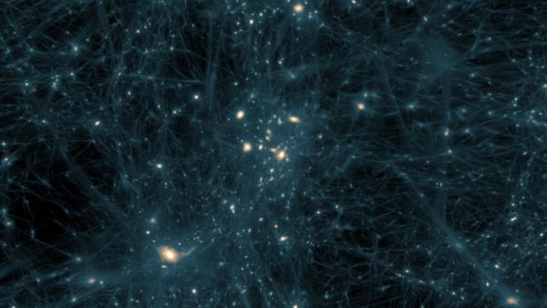 The cosmic web is driven by dark matter, but the small structures along the filaments form by the collapse of normal, electromagnetically-interacting matter. Image credit: Ralf Kaehler, Oliver Hahn and Tom Abel (KIPAC).