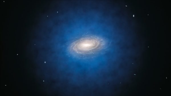 While stars might cluster in the disk and the normal matter might be restricted to a nearby region around the stars, dark matter extends in a halo more than 10 times the extent of the luminous portion. Image credit: ESO/L. Calçada.