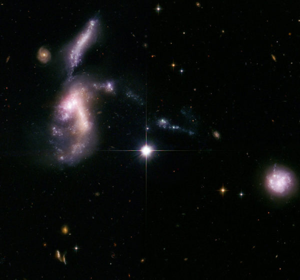 A wide-field, multiwavelength view of three of the galaxies in HCG 31. Image credit: NASA, ESA, S. Gallagher (The University of Western Ontario), and J. English (University of Manitoba).