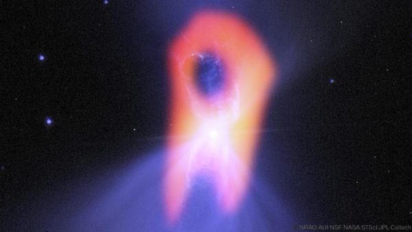 A millimeter-wavelength view of the Boomerang Nebula. Image credit: NRAO/AUI/NSF/NASA/STScI/JPL-Caltech.