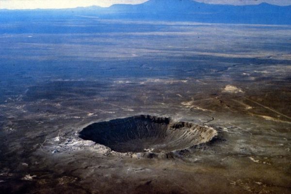 Meteor (Barringer) crater, in the Arizona desert, is over 1.1 km (0.7 mi) in diameter, and represents only a 3-10 MegaTon release of energy. A 300-400 meter asteroid strike would release 10-100 times the energy. Image credit: USGS/D. Roddy.