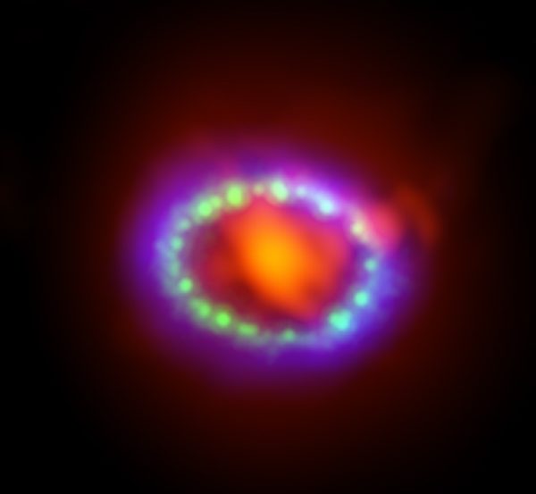 This image shows the remnant of Supernova 1987A seen in light of very different wavelengths. ALMA data (in red) shows newly formed dust in the centre of the remnant. Hubble (in green) and Chandra (in blue) data show the expanding shock wave. Image credit: ALMA (ESO/NAOJ/NRAO)/A. Angelich. Visible light image: the NASA/ESA Hubble Space Telescope. X-Ray image: The NASA Chandra X-Ray Observatory.
