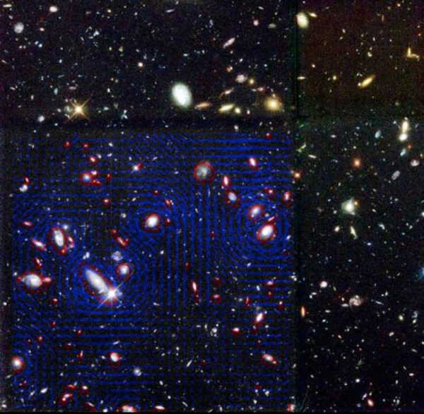 The overlay in the lower left hand corner represents the distortion of background images due to gravitational lensing expected from the dark matter "haloes" of the foreground galaxies, indicated by red ellipses. The blue polarization "sticks" indicate the distortion. Image credit: Mike Hudson, of shear and weak lensing in the Hubble Deep field. His research page is at http://mhvm.uwaterloo.ca/.