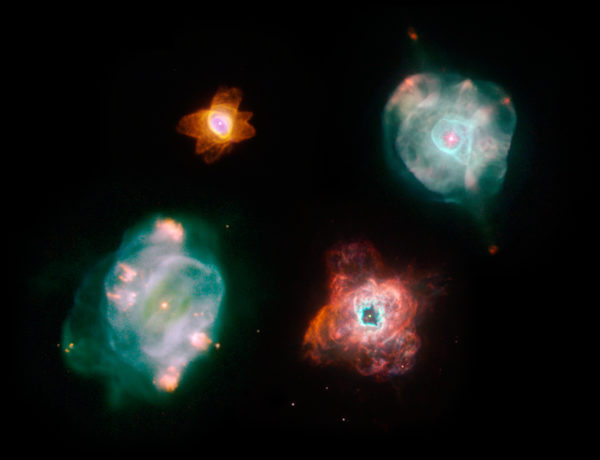 Four individual planetary nebulae -- He 2-47, NGC 5315, IC 4593, and NGC 5307 -- were imaged by Hubble in February of 2007. Image credit: NASA, ESA, and The Hubble Heritage Team (STScI/AURA).