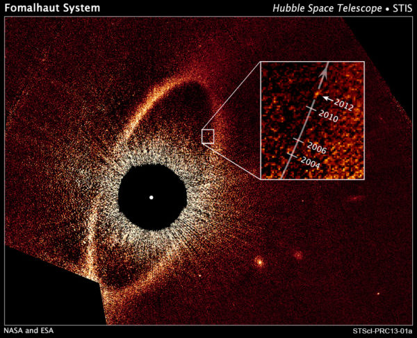 An exoplanet detected around the star Fomalhaut, seen to move in multiple images over time. Image credit: NASA, ESA, and P. Kalas, University of California, Berkeley and SETI Institute.