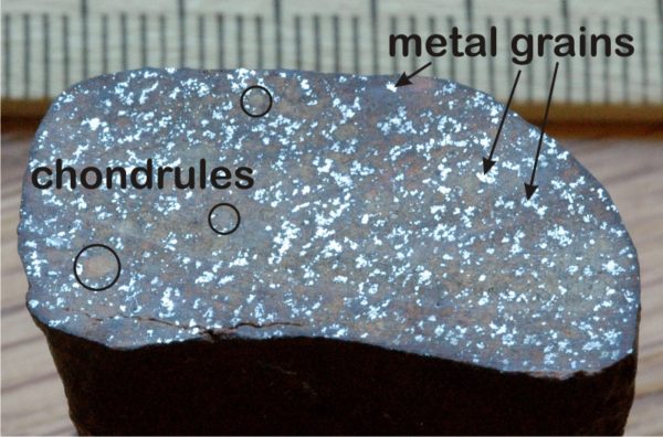 An H-Chondrite from Northern Chile shows chondrules and metal grains. This meteorite is high in iron, and is the most common type found today. Image credit: Randy L. Korotev of Washington University in St. Louis.
