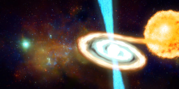 An excess of gamma-rays coming from the center of the Milky Way is likely due to a population of pulsars – rapidly spinning, very dense and highly magnetized neutron stars that emit 'beams' of gamma rays like cosmic lighthouses. Image credit: NASA/CXC/University of Massachusetts/D. Wang et al.; Greg Stewart/SLAC National Accelerator Laboratory.