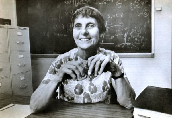Cecile DeWitt-Morette at her desk in her office in R.L. Moore Hall. Image credit: University of Texas at Austin, News and Information Service / L. Murphy.